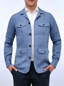 Blue  Solid Textured Linen Over Shirt Jacket | Emanuel Berg Shirts | Sam's Tailoring Fine Men Clothing