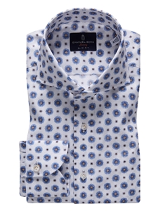 White, Blue & Beige Floral Extra Fine Dobby Dress Shirt | Emanuel Berg Shirts | Sam's Tailoring Fine Men Clothing