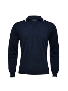 Navy Light Gauge Fashion Long Sleeve Polo | Emanuel Berg Polos | Sam's Tailoring Fine Men Clothing