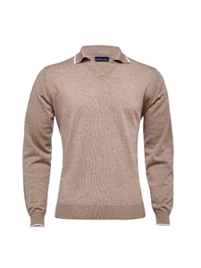 Beige Light Gauge Fashion Long Sleeve Polo | Emanuel Berg Polos | Sam's Tailoring Fine Men Clothing