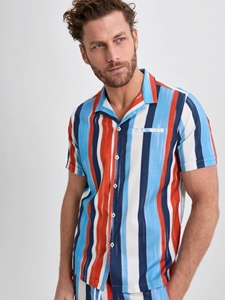 Blue Stripped Resort Short Sleeve Men's Shirt | Stone Rose Short Sleeve Shirts Collection | Sams Tailoring Fine Men Clothing