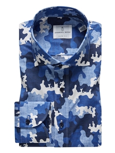 Blue, Navy & White Summer Textured Poplin Sport Shirt | Emanuel Berg Shirts Collection | Sam's Tailoring Fine Men Clothing