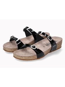 Black Leather Varnished Women Cork Sandal | Mephisto Women Cork Sandals | Sam's Tailoring Fine Women's Shoes