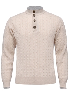 Light Beige Premium Highneck Cable With Buttons Sweater | Emanuel Berg Sweaters Collection | Sam's Tailoring Fine Men Clothing