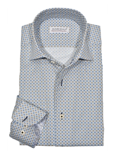 Tan & Blue Roll Collar Wafer Medallion Men's Shirt | Marcello Shirts Collection | Sam's Tailoring Fine Men's Clothing