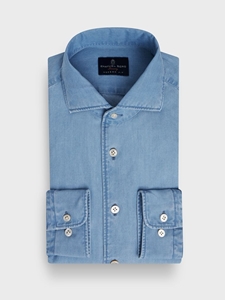 Blue Solid Cotton Twill Denim Premium Luxury Men's Shirt | Emanuel Berg Casual Shirts Collection | Sam's Tailoring Fine Men Clothing