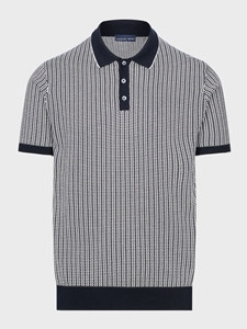 Navy Three Button Short Sleeve Men's Jacquard Polo | Emanuel Berg Polos Collection | Sam's Tailoring Fine Men Clothing