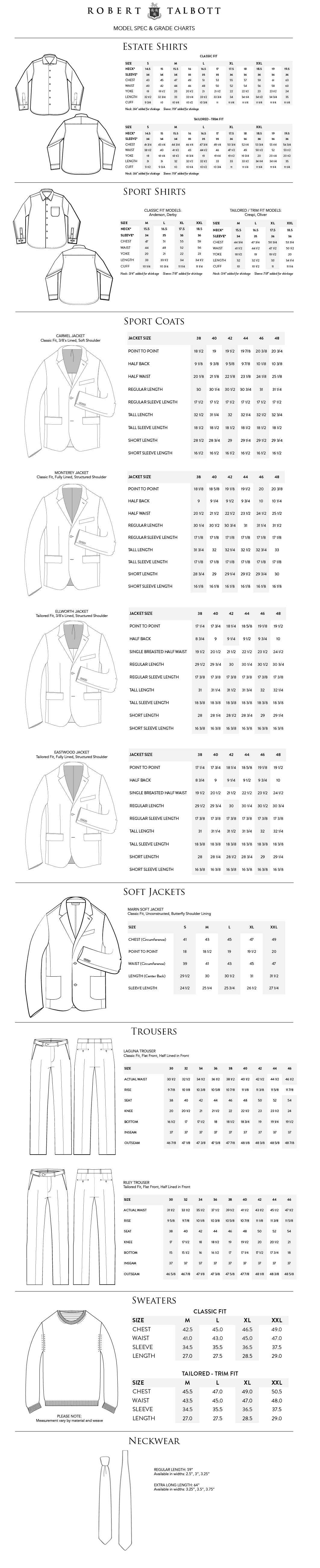 Robert Talbot Sizing Information